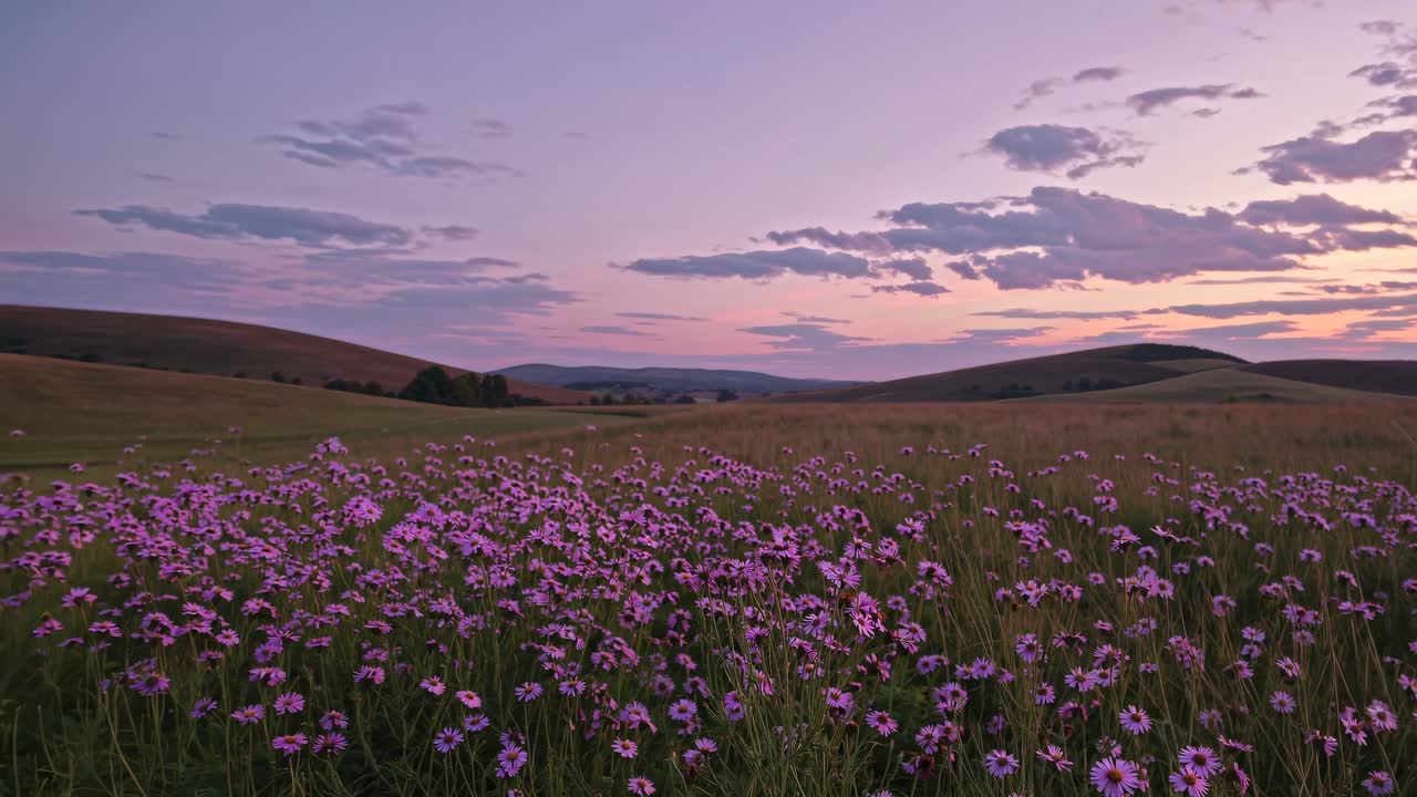 Um vídeo sereno de paisagem captura um campo de flores roxas ao pôr do sol