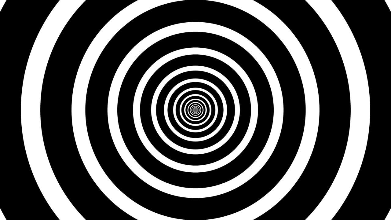 Sfondo ipnotico bianco e nero. Forme geometriche. Animazione astratta in loop continuo di cerchi, strisce. Visualizzazione di immagine ipnotica. Illusione ottica