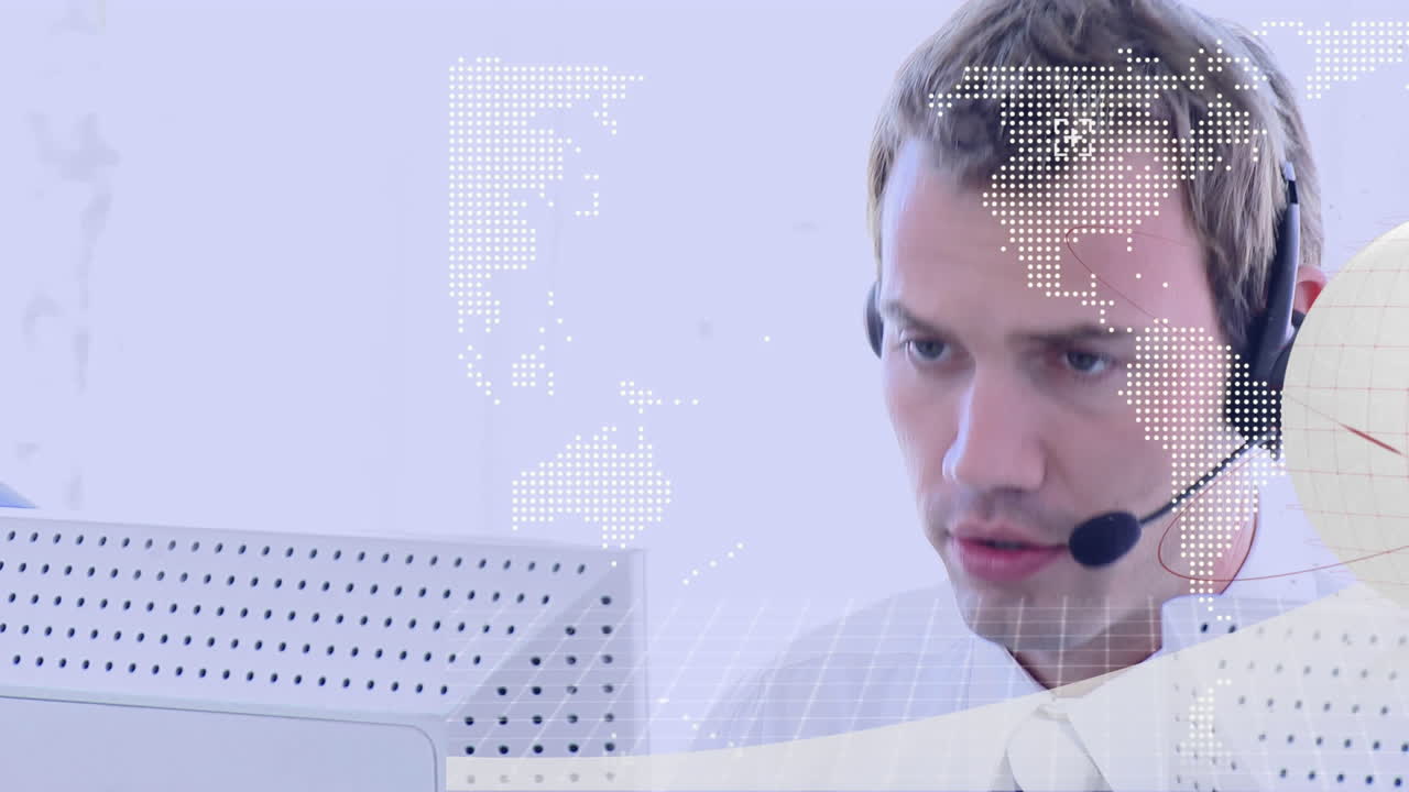 전화 헤드 ⁇ 을 사용하는 사업가에 대한 연결 네트워크와 함께 지구촌의 애니메이션