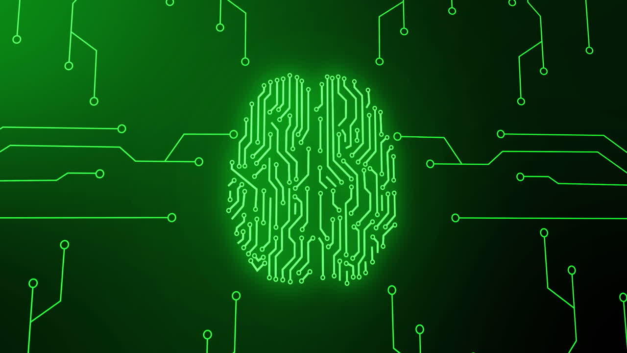 Animation of green glowing human brain with computer mother board circuit over black background
