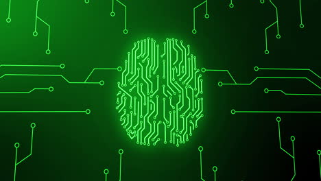animation of green glowing human brain with computer mother board circuit over black background
