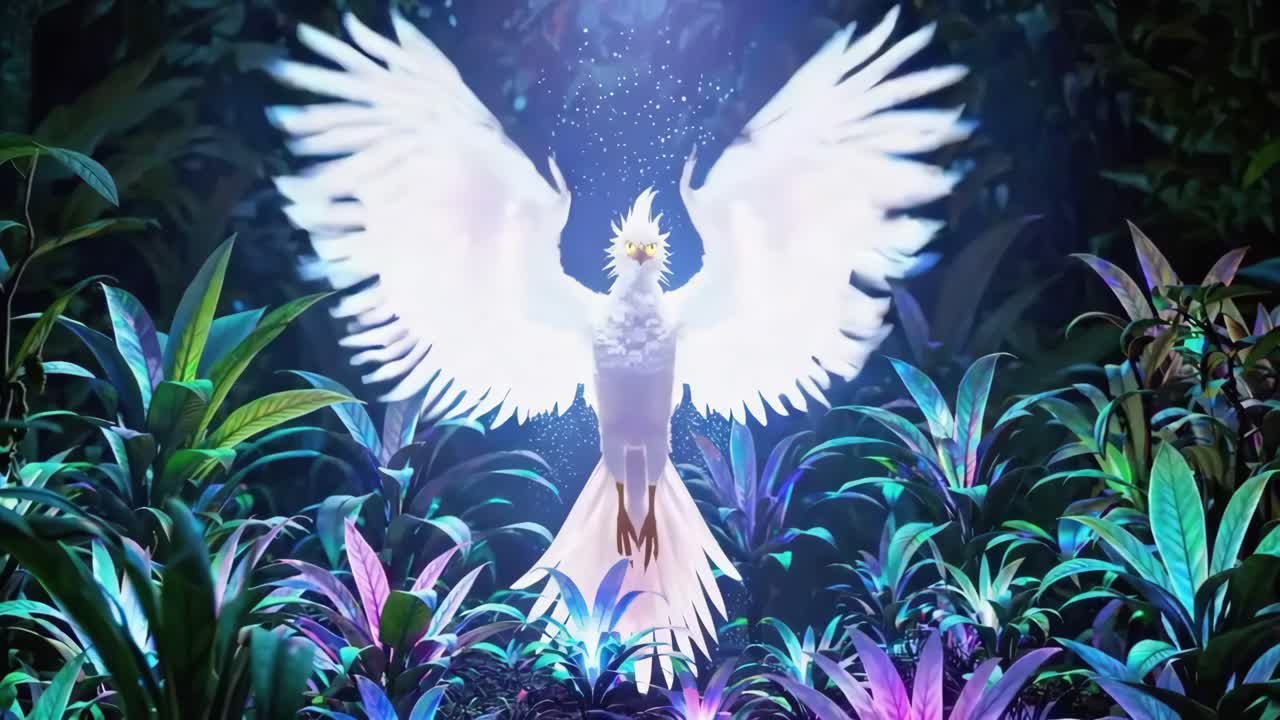 A mystical bird in a vibrant jungle, captured from a low angle