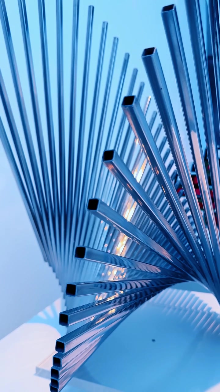Scultura astratta in metallo composta da tubi rettangolari disposti a spirale. Primo piano di tubi rettangolari in acciaio lucidato che formano una forma a ventaglio geometrica su uno sfondo blu con bagliori di luce.
