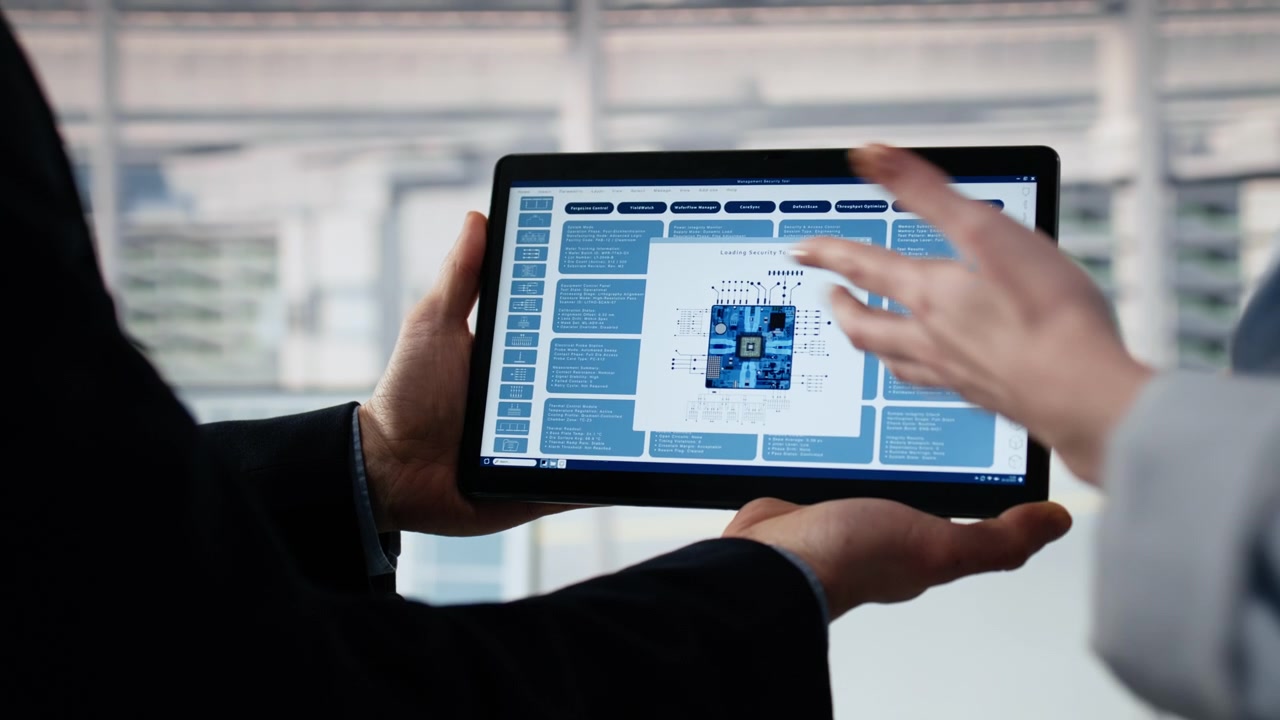 Professionnels analysant des données techniques sur une tablette numérique