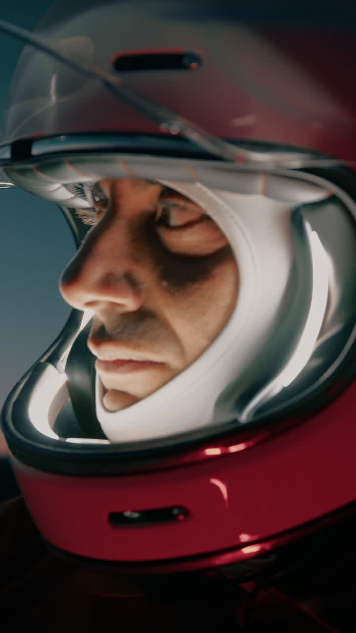 Astronaut Man With Helmet Explores A Desolate Planet At Night In Mountain
