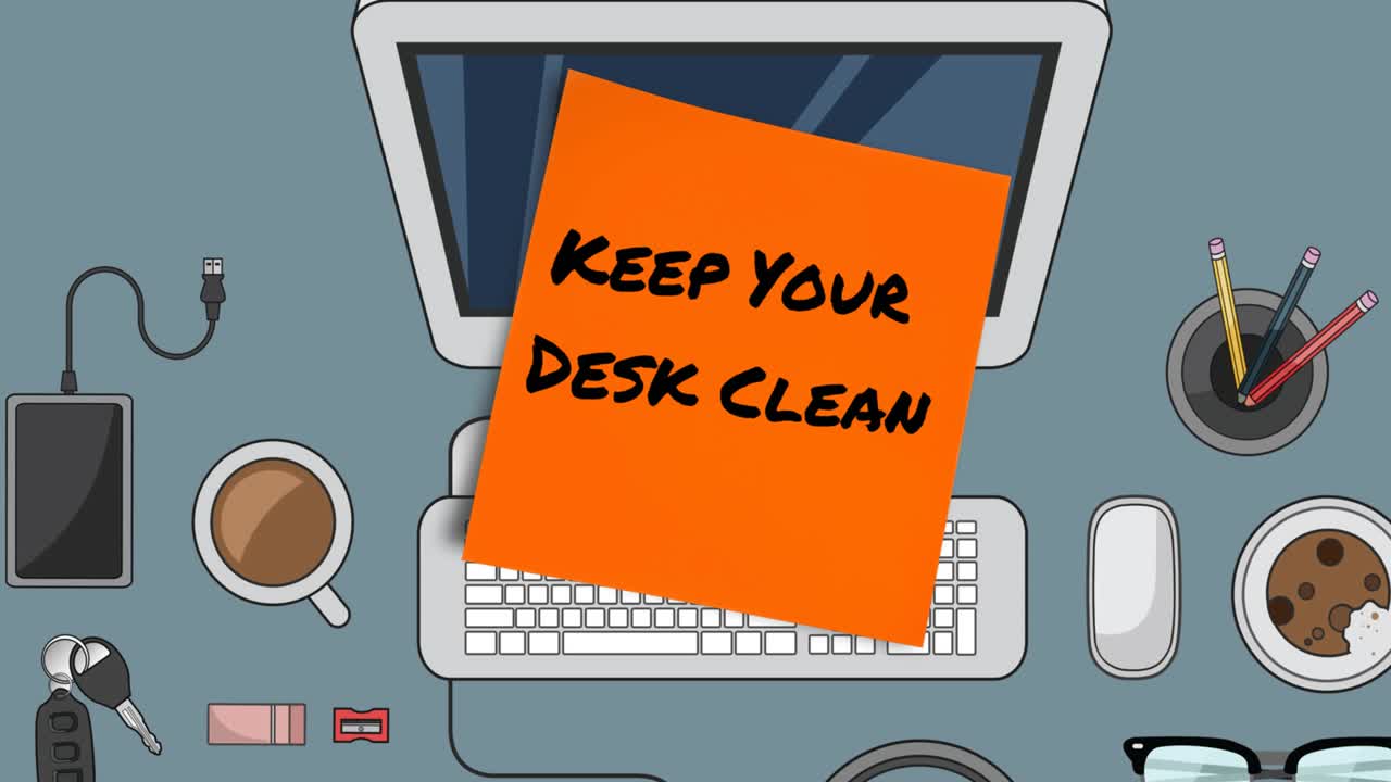 Animation of keep your desk clean text on orange memo note over desk on grey background