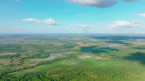 Vast-greenery-of-Arauca,-Colombia-with-scattered-water-bodies,-aerial-view