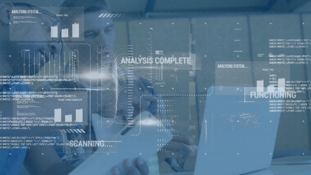 This animation shows a white digital interface with graphs moving against a green screen
