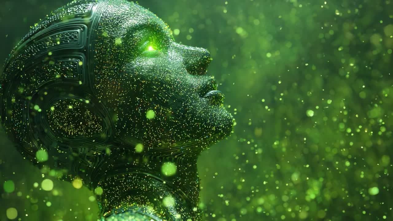 A Futuristic Being Glimmering in Green Stardust: An Expression of Awe and Wonder in an Otherworldly Environment Captured in a Hypnotic Glow