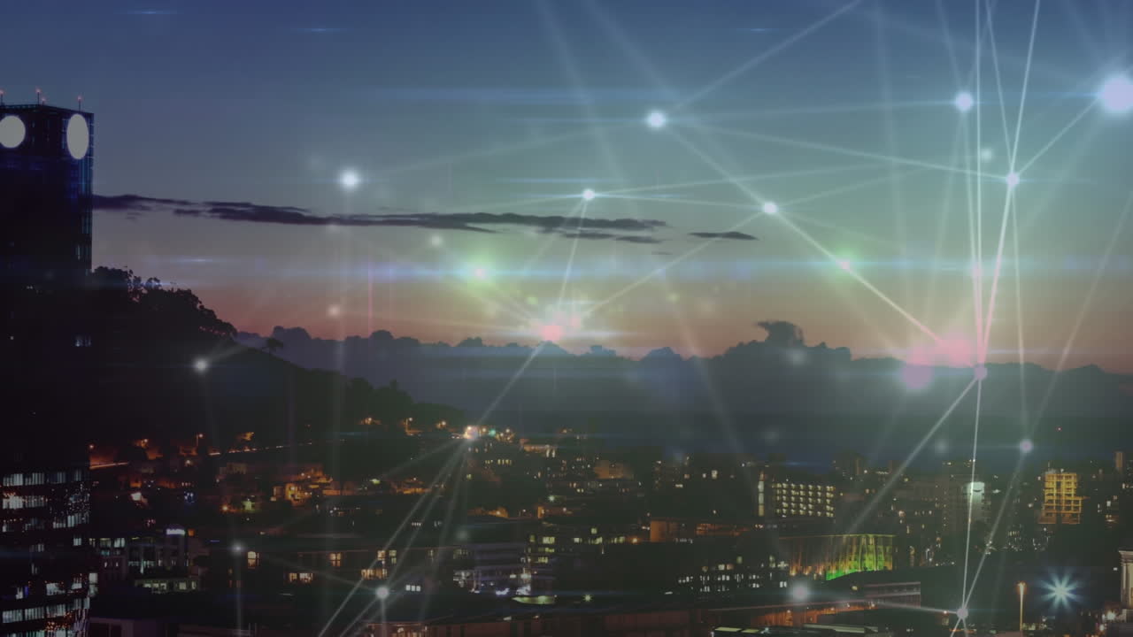 都市風景上の接続ネットワークのアニメーション