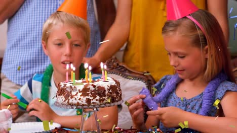 animación de confeti cayendo sobre la familia divirtiéndose en la fiesta de cumpleaños