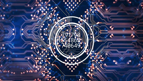 placa de circuitos y animación de procesamiento de datos con números y elementos circulares