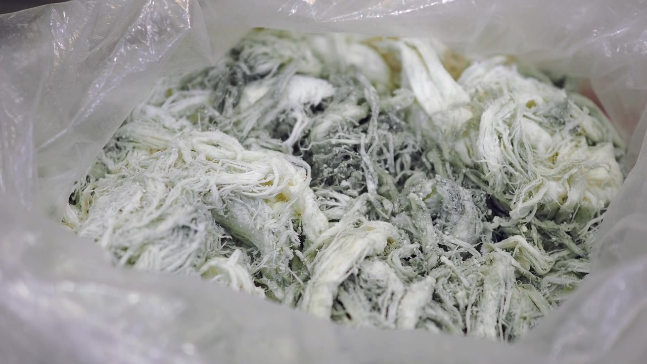 Close-up van beschimmeld versnipperd vezelachtig materiaal in een plastic zak.