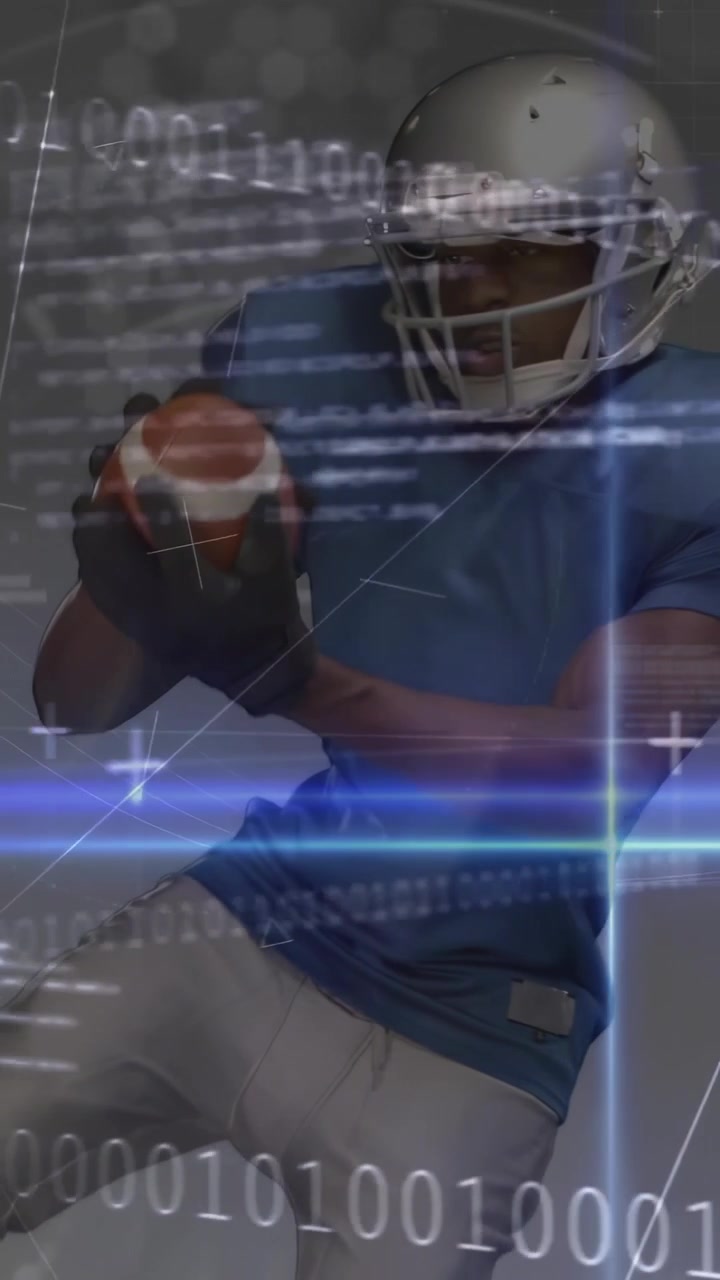 Vertikal video: Mandlig atlet går, starter sports-HUD binær, fanger bold, indsamler data til statistik.