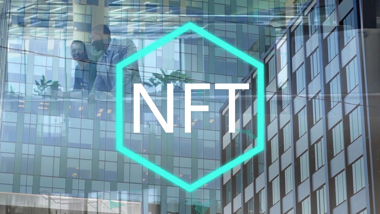 Multiple exposure of digital nft sign and colleagues discussing in office and skyscraper