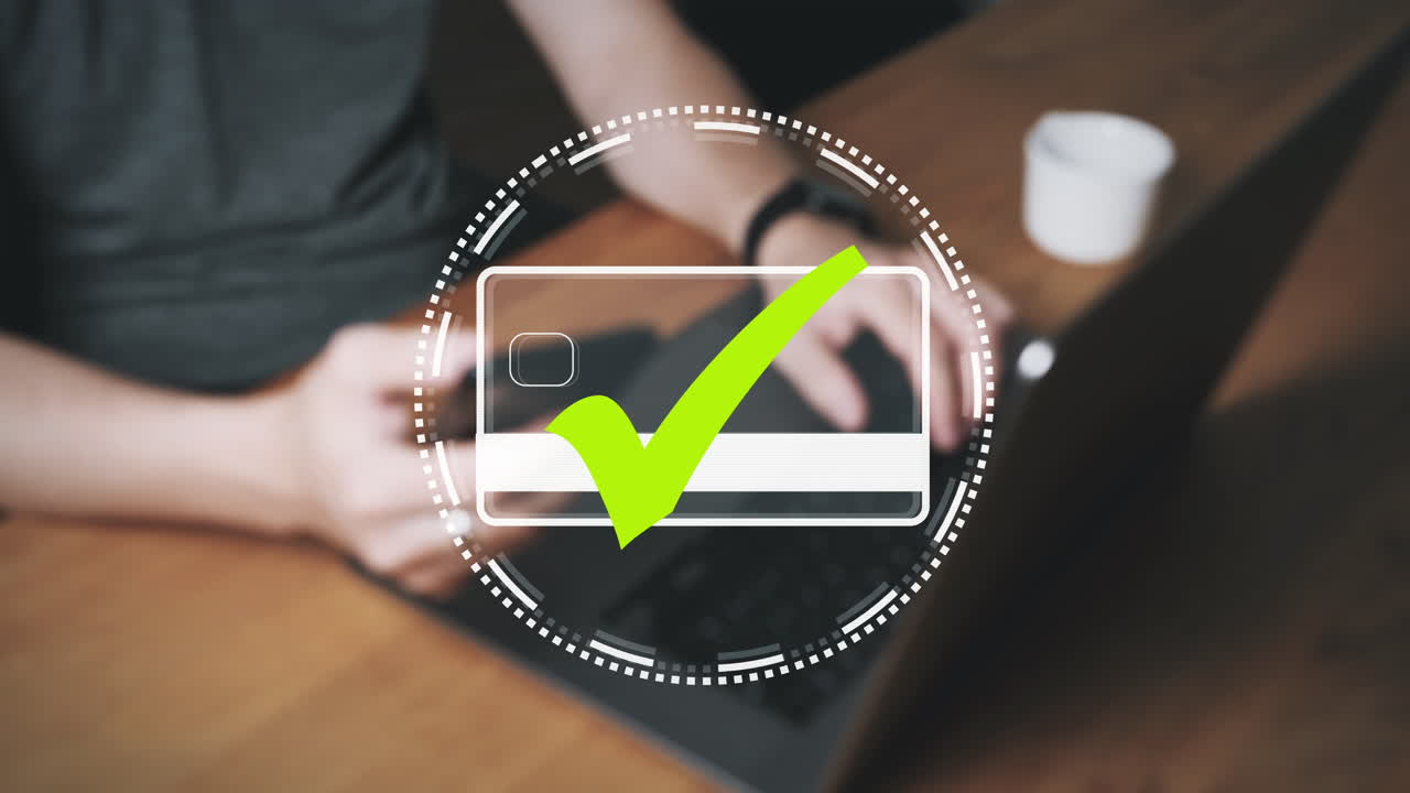 el símbolo animado de la tarjeta de crédito muestra una transacción exitosa con una marca verde.