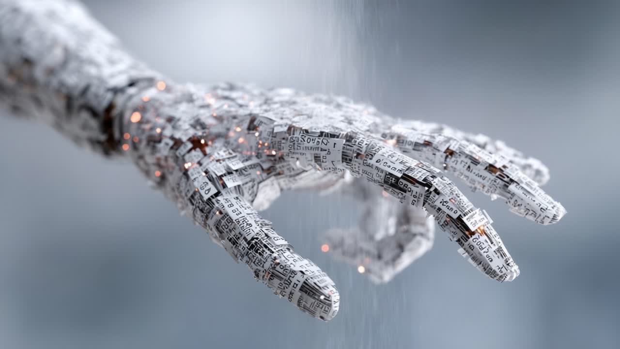 A Stunningly Detailed Close-Up of a Robotic Hand Constructed from Textured Paper Elements, Highlighting the Intricate Design and Craftsmanship in a Strikingly Futuristic Style