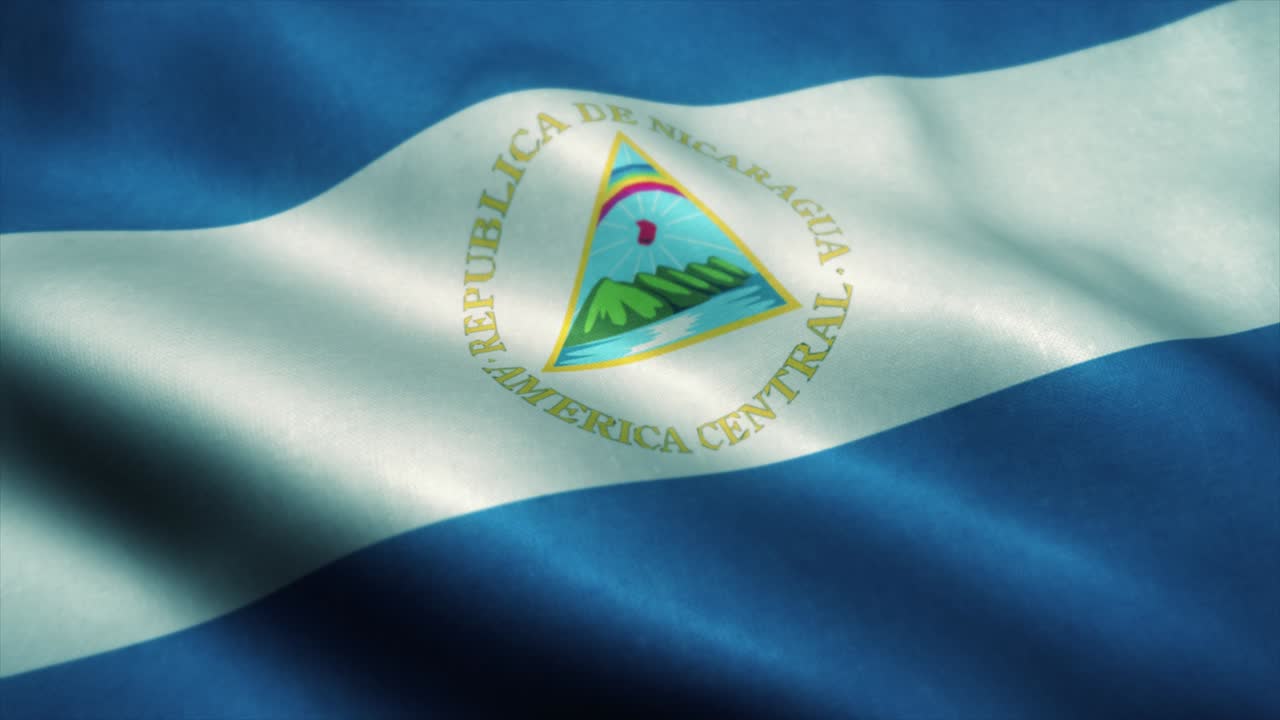 Nicaraguan lippu liehuu tuulessa. Nicaraguan kansallislippu. Nicaraguan tunnus saumattomassa silmukka-animaatiossa. 4K