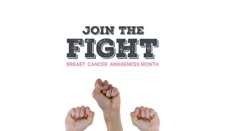 animation of breast cancer text over raised fists