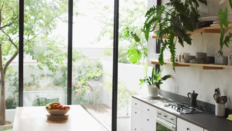 general view of empty kitchen with fruit on table