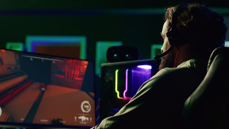 Uomo che parla online con i compagni di squadra mentre gioca ai videogiochi sul PC da gaming, elaborando una strategia vincente.