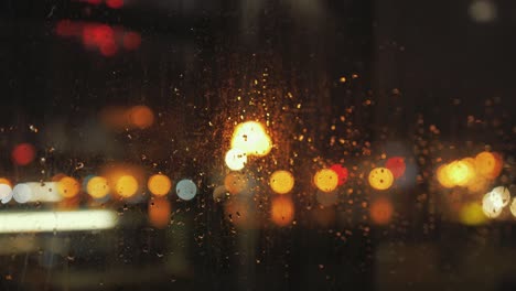bokeh city lights through a window on a rainy night