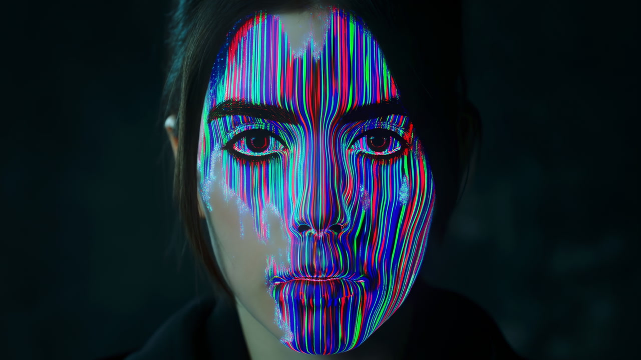 Caucasian Woman Face Projection Mapping Neon Vertical Stripes Slowly Enveloping Features, Studio Lighting,