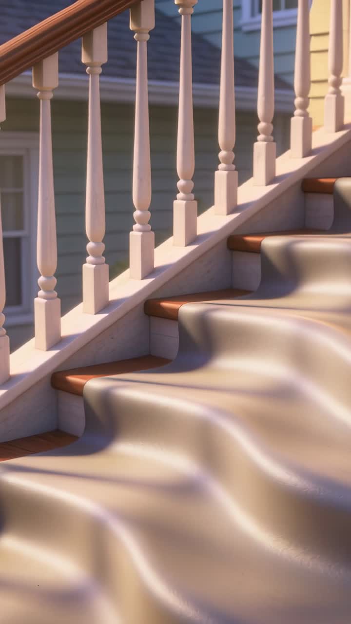Video verticale: Seta fluida che si increspa lungo i gradini, la luce del sole crea onde vicino a un corrimano di legno.