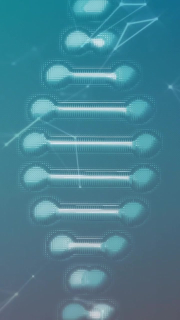 Animation of dna strand and scientific data processing over connections on blue background