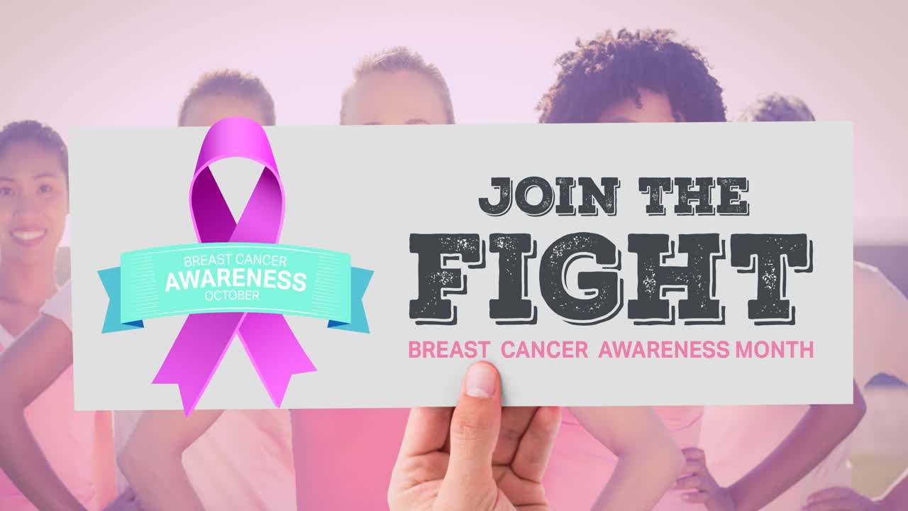 분홍색 리본 로고와 유방암 텍스트의 애니메이션이 다양한 여성 그룹 위에 있습니다.