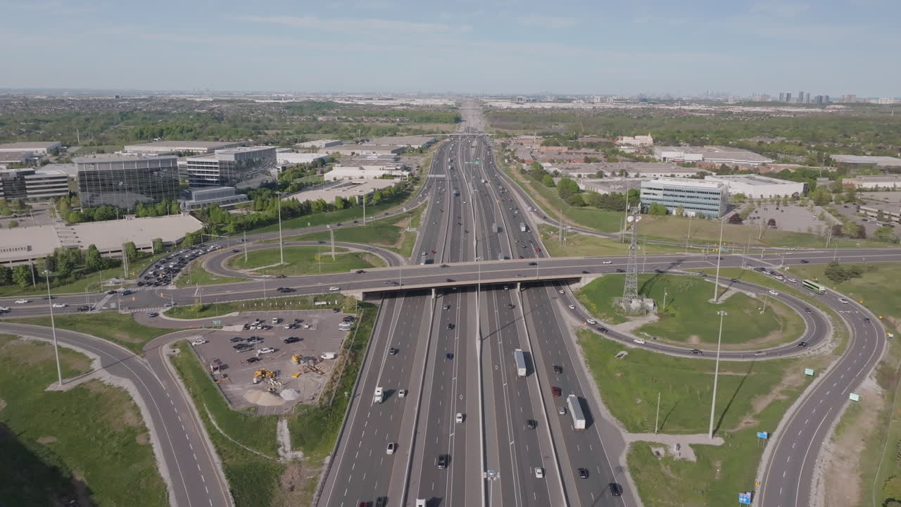 Mississauga highway 401, showing busy traffic in slow motion, aerial view
