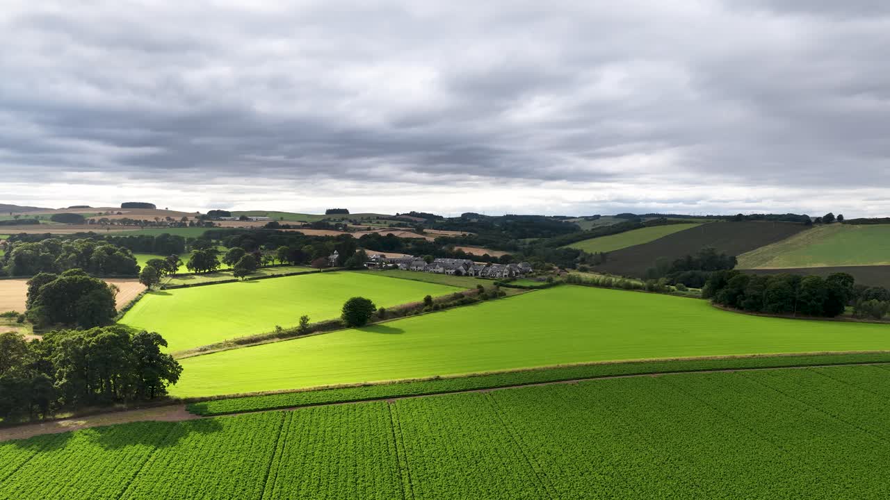 Aerial footage glides smoothly over vibrant green agricultural fields in rural Kinross, Scotland, under overcast skies with soft, diffused daylight and wide landscape views