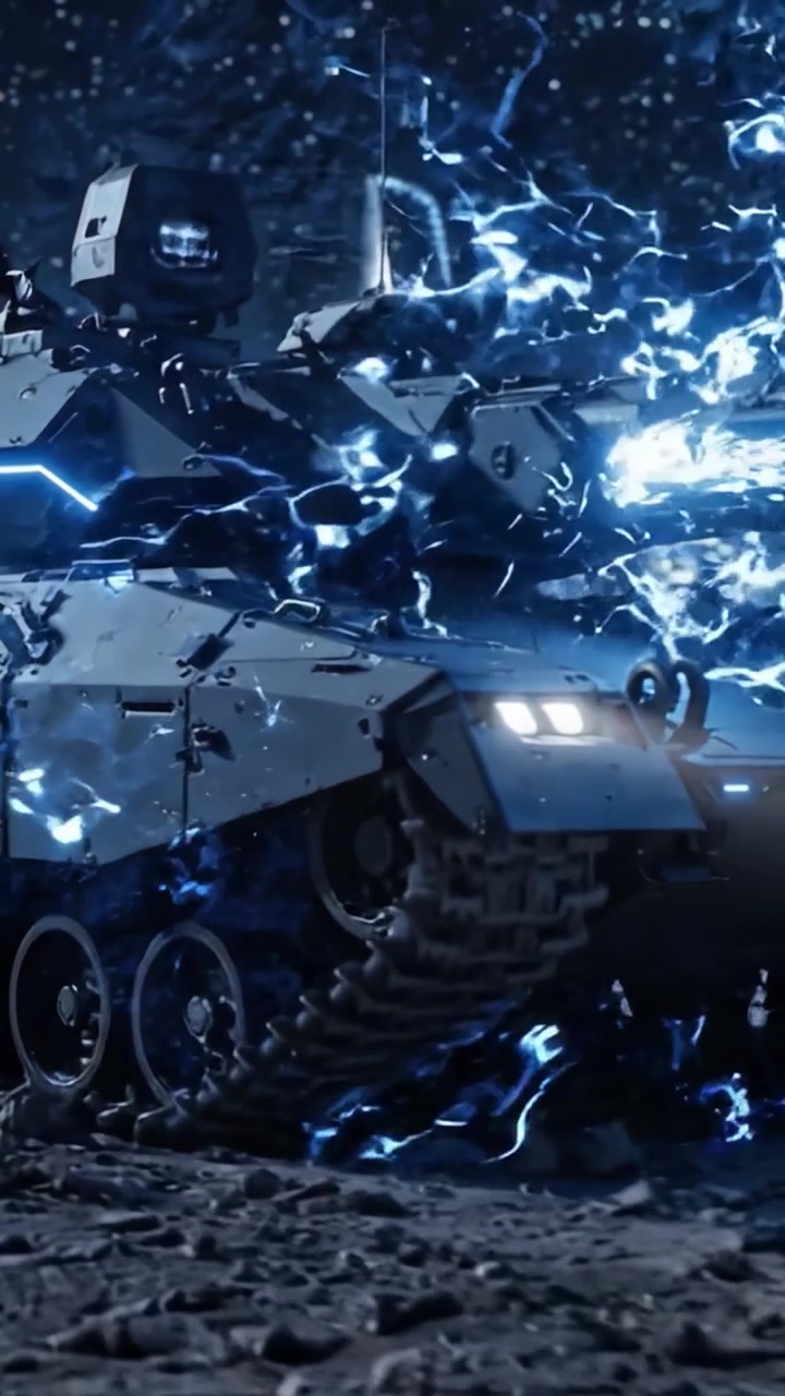 A modern tank stands against a starry backdrop, showcasing its advanced design and technology while navigating an otherworldly landscape filled with rocks and distant city lights.