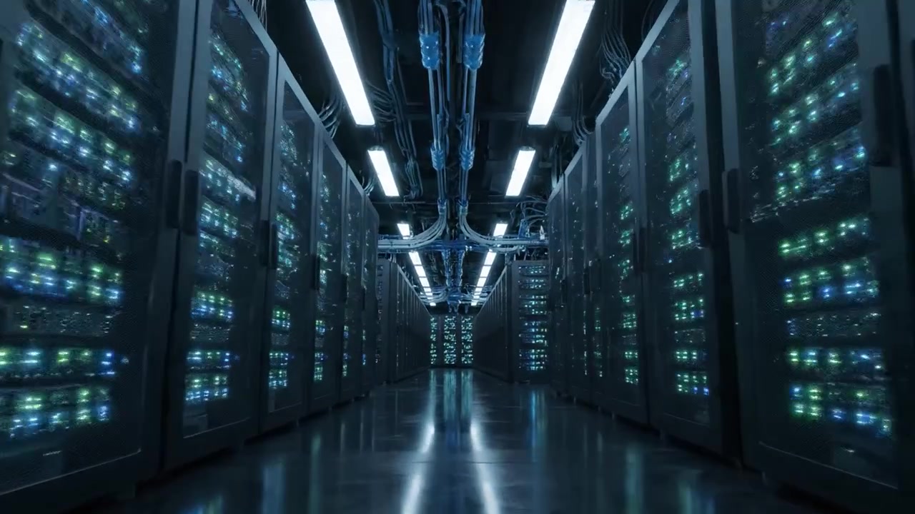 Et indblik i et højteknologisk datacenter, der viser rækker af kraftfulde servere med oplyste grænseflader og indviklede kabelsystemer