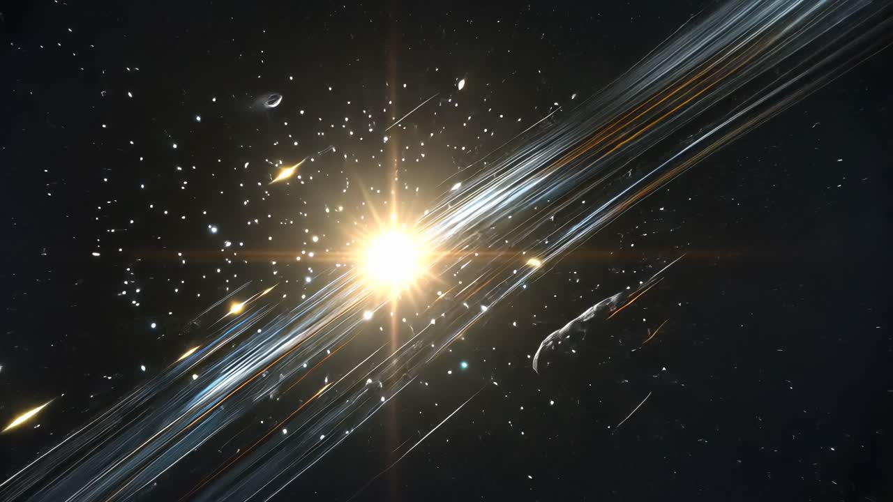 Dynamic video of a cosmic explosion, captured from a front-facing angle, showcasing bright streaks