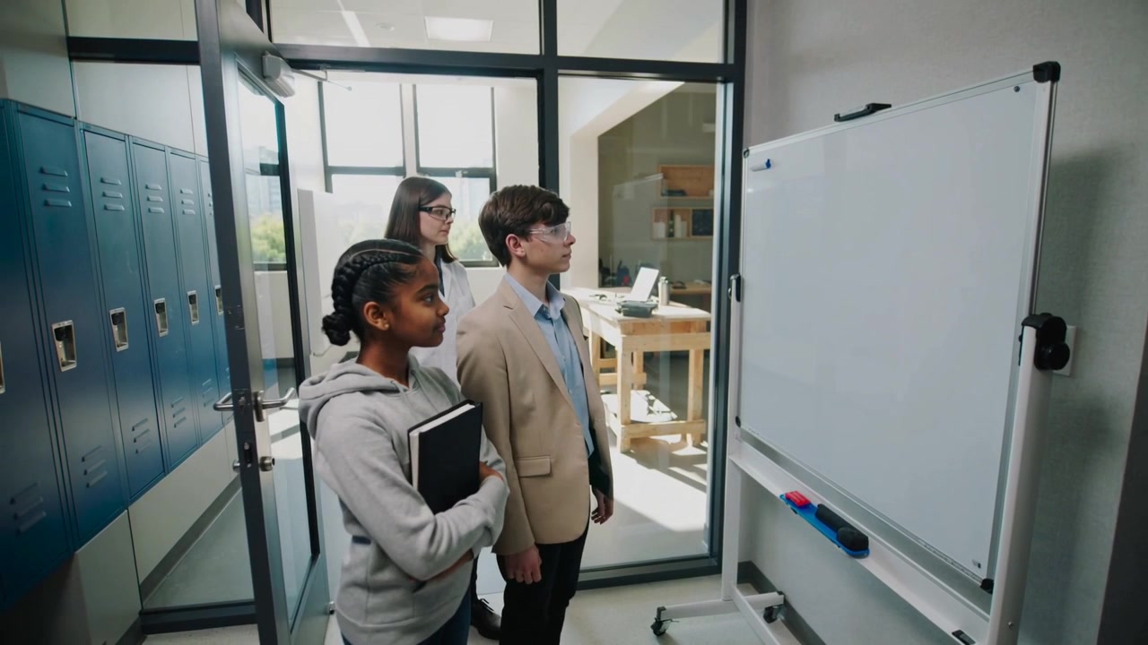 Opening glass door, 3-student group wearing hoodie, blazer, lab coat inspecting whiteboard in hall