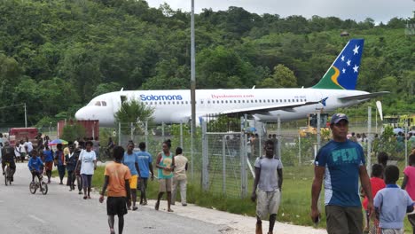 solomon airlines- intenational inaugural flight to munda. local people welcome the first direct (test) flight from brisbane.munda - solomon islands - 23th of april 2019