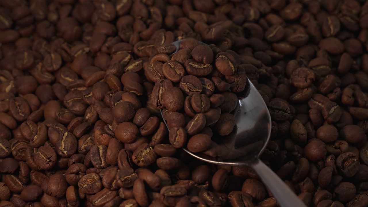 Ripresa al rallentatore di un cucchiaio che raccoglie e fa cadere chicchi di caffè