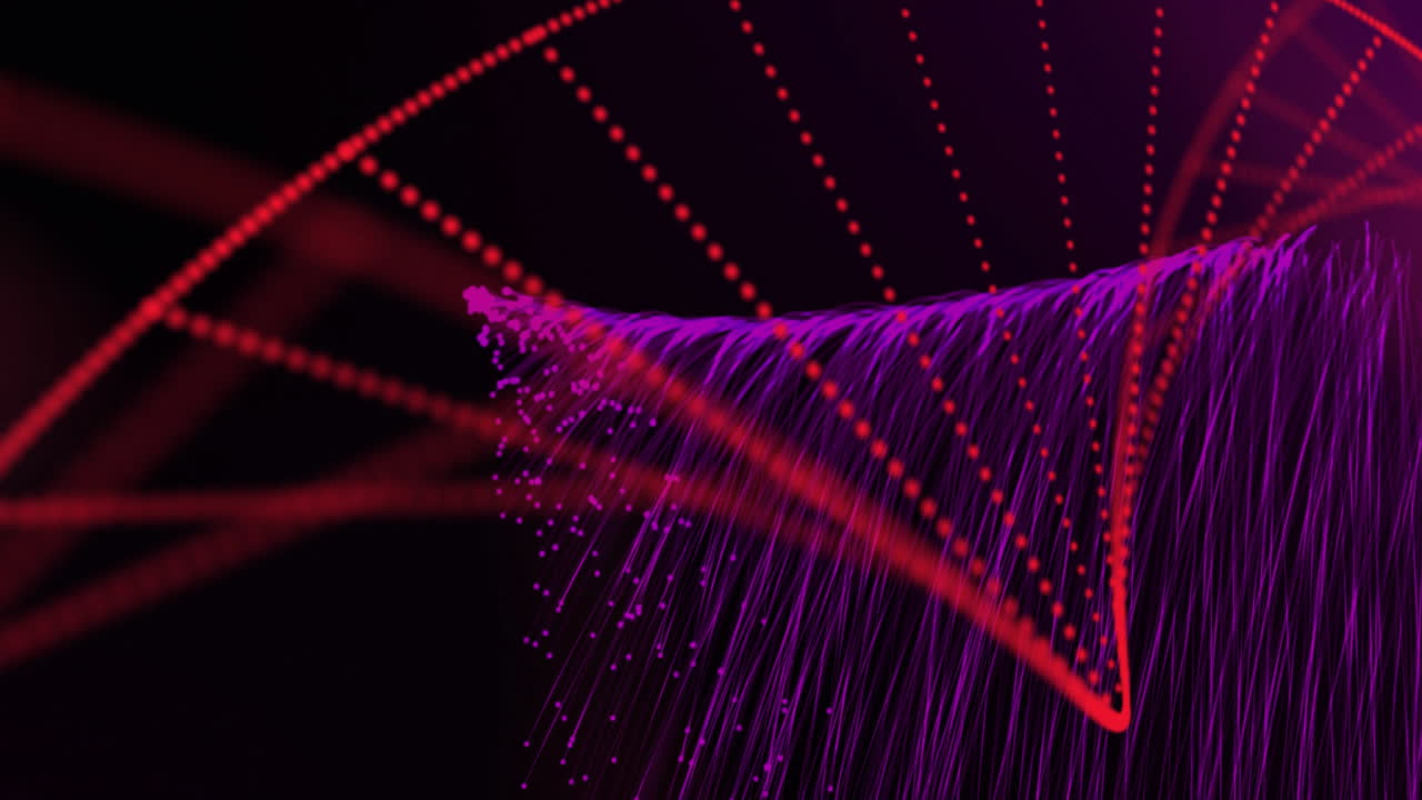 Animation of dna strand spinning over glowing purple light trails on black background