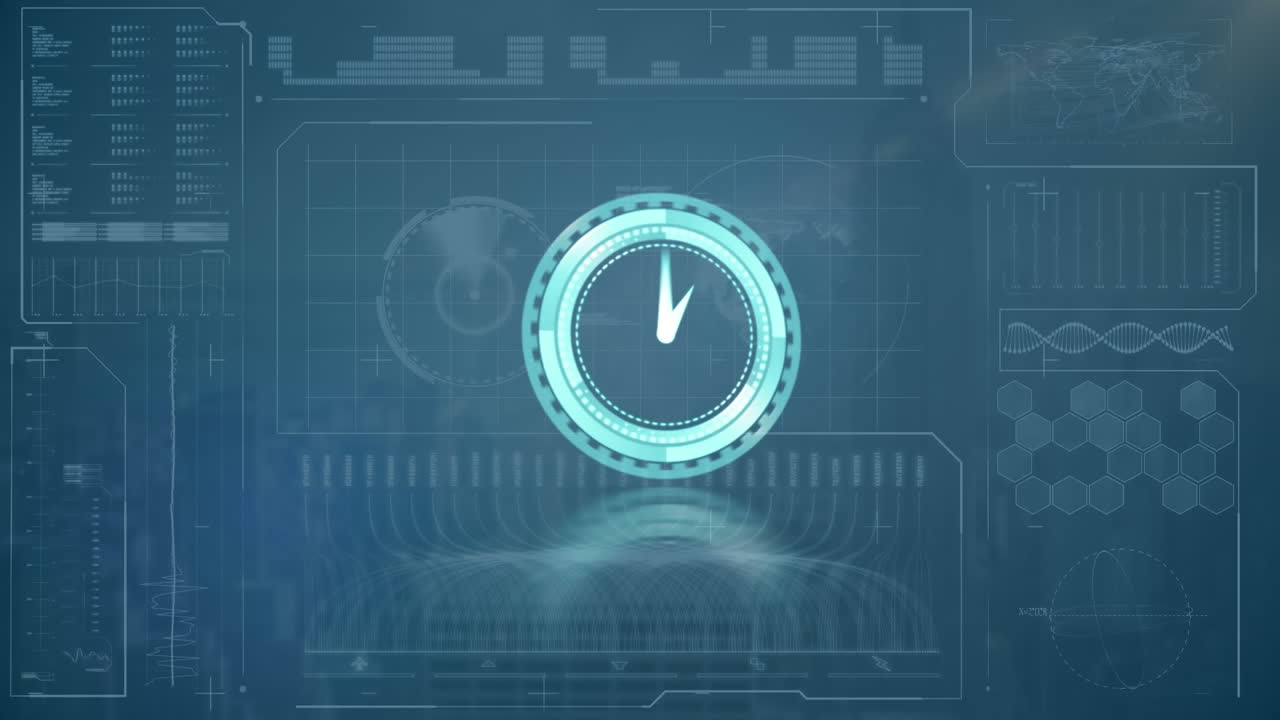 Animazione di un orologio che si muove velocemente ed elaborazione dati su schermo.