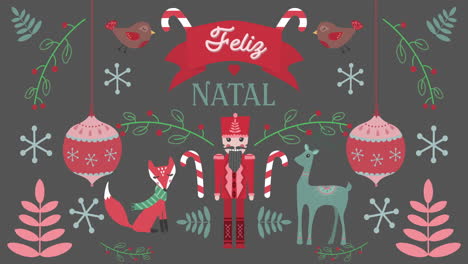 animation of felig natal words with animals on christmas decorations background