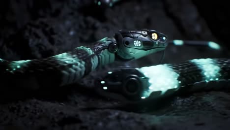 a bioluminescent serpent: exploring the depths of a mysterious cave with a luminous snake emitting glowing scales and unique features