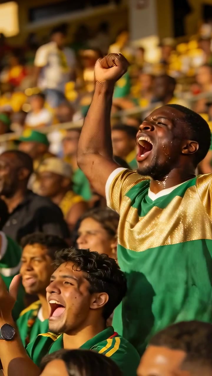 Vertical video: Cheering black man in team shirt raising fist following goal at stand, copy space