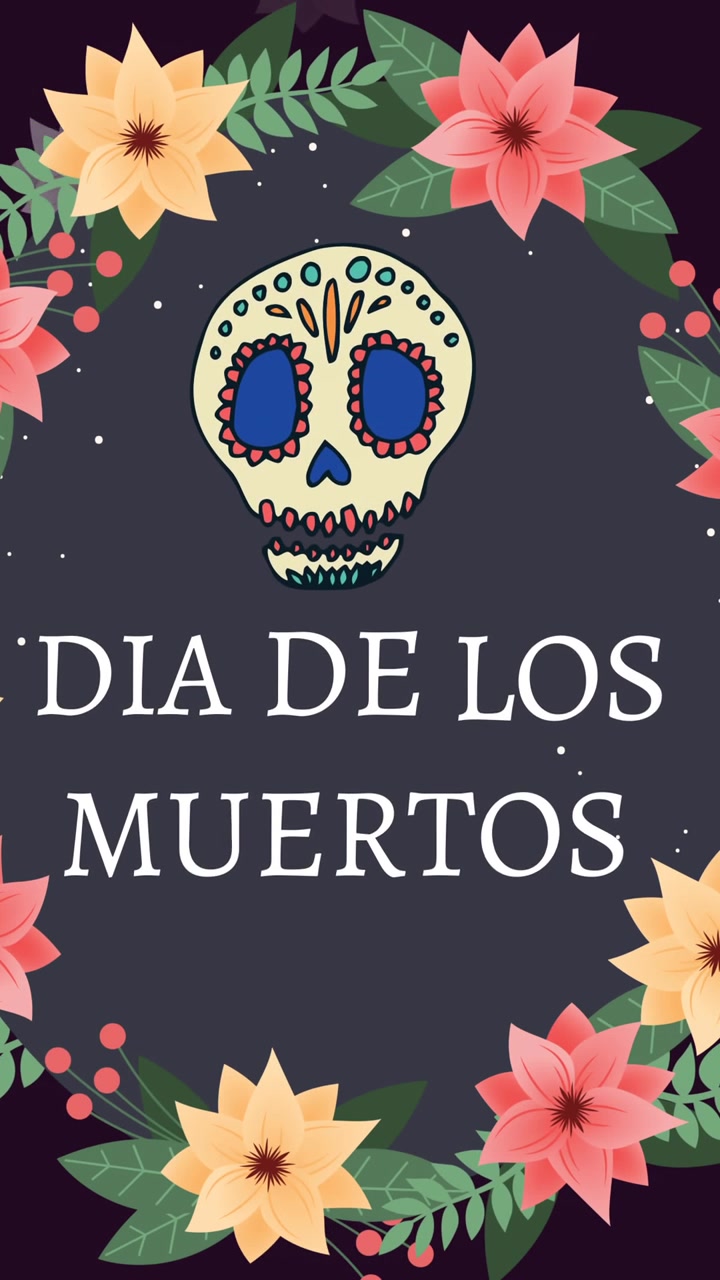 Animazione del Dia de los Muertos e di un teschio in un cerchio di fiori su sfondo marrone