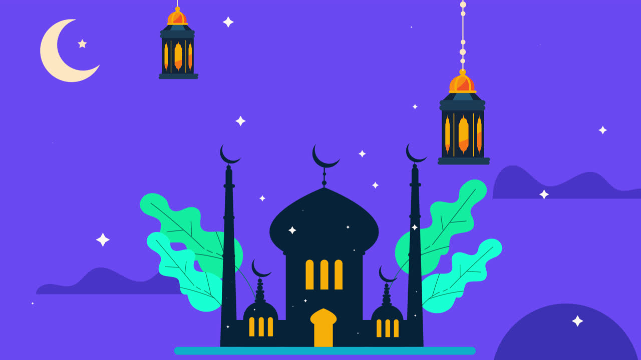 Mosque at Night with Lanterns and Crescent Moon