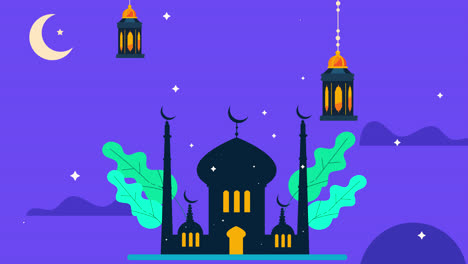 mosque at night with lanterns and crescent moon