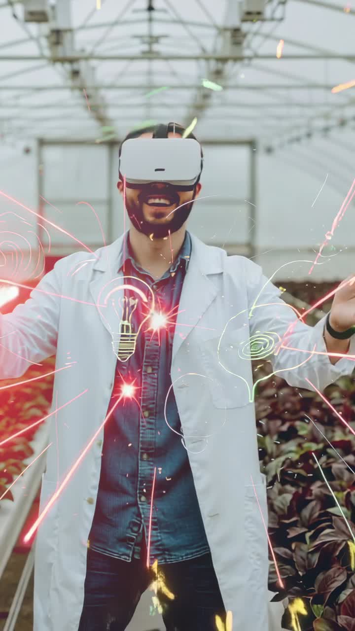 Vertical video: Man wearing lab coat VR headset raising hands engaging lightbulb icon in greenhouse