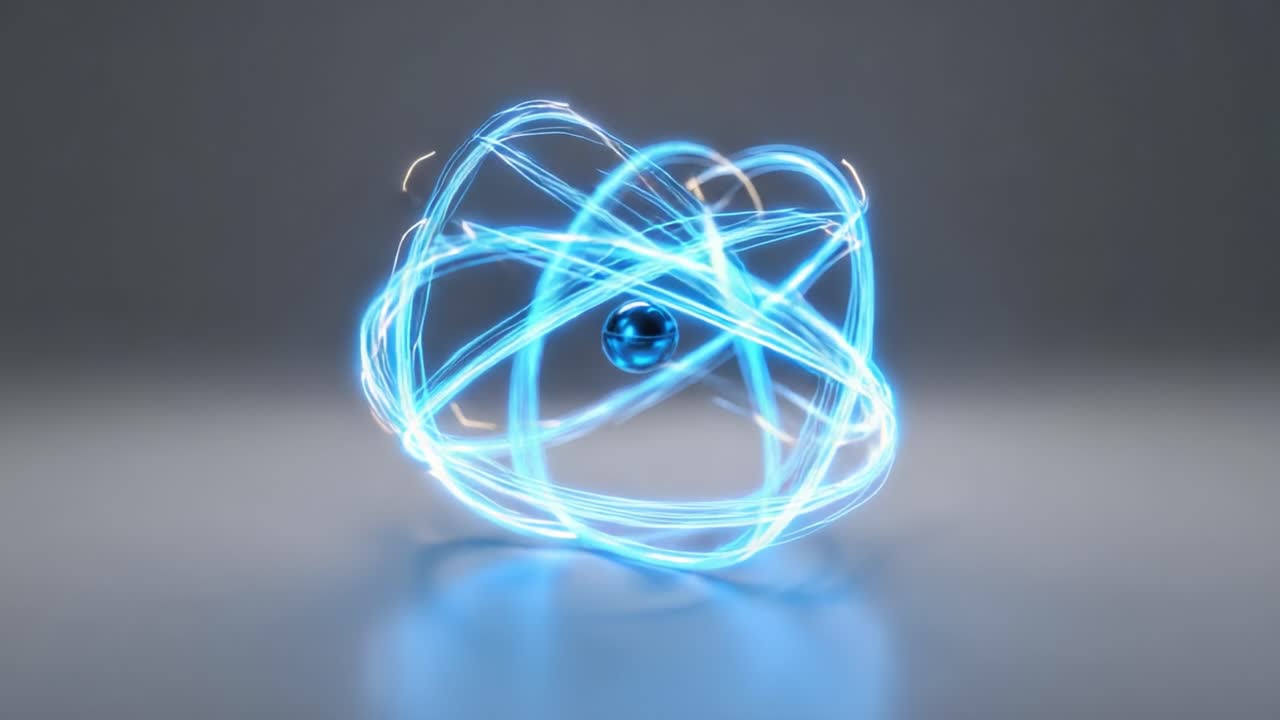 A mesmerizing visualization of an atom, featuring a glowing blue nucleus surrounded by vibrant, swirling energy strands symbolizing atomic structure and dynamic interactions in the universe