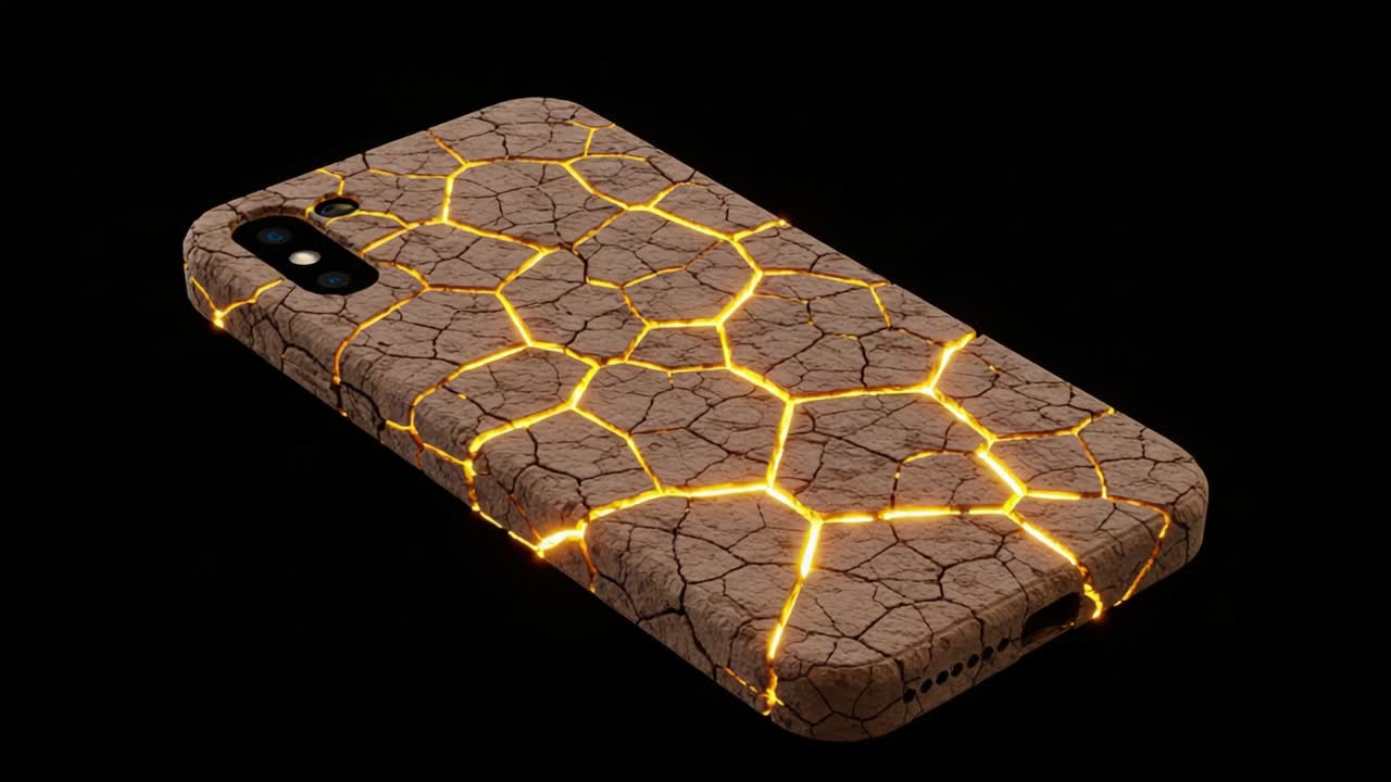 A Stunning Visual of a Phone Case Featuring a Unique Cracked Earth Design with Glowing Lava-Like Highlights, Perfect for Modern Aesthetics and Protection