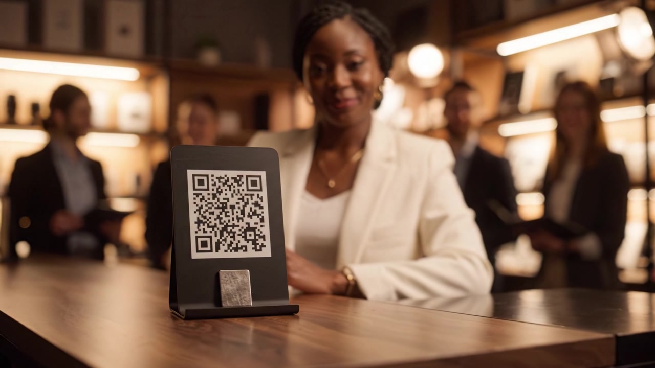 Sophisticated Business Meeting with QR Code Interaction, Demonstrating Modern Technology in Professional Collaboration and Networking in a Stylish Setting
